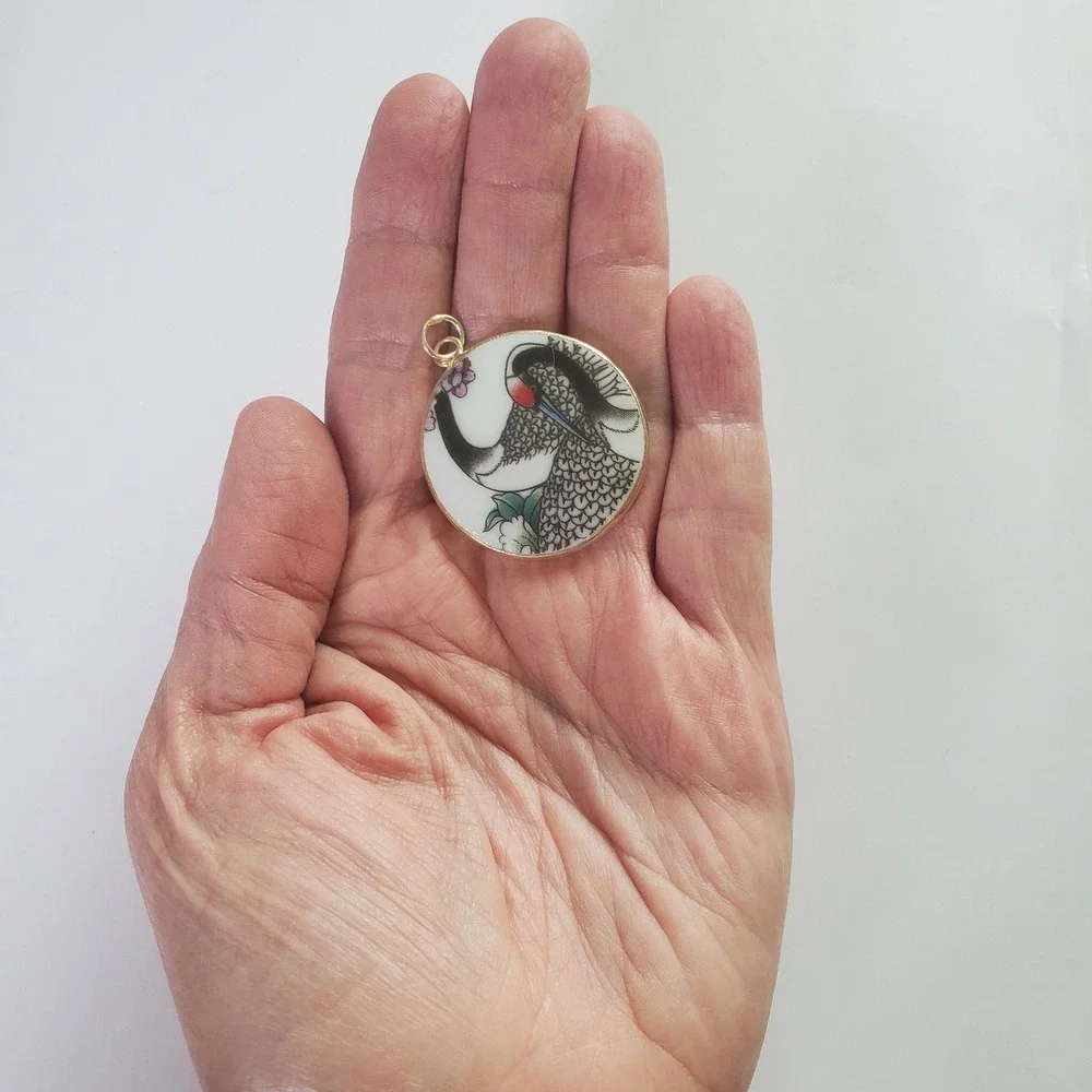 Red Crowned Japanese Crane Vintage Bird Transferware China Pottery Shard Pendant